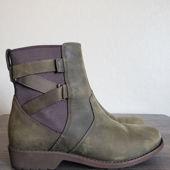 Teva Ellery Ankle Waterproof Distressed Leather Boots Olive Green Sz Women's 6.5 - Picture 1 of 12